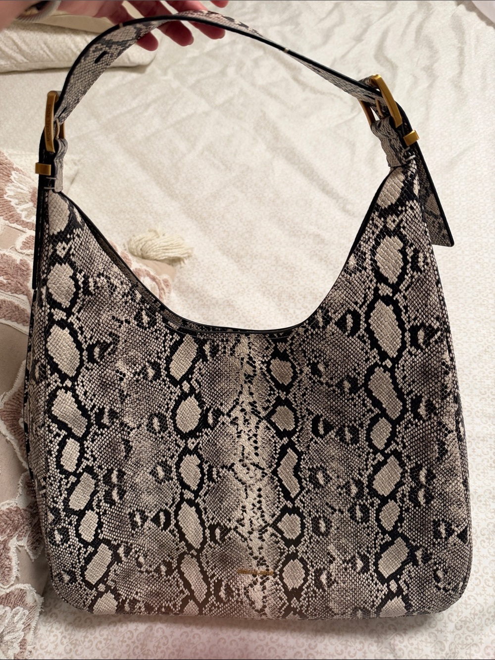 Michael Kors Black and Cream Python-Print Hobo with Gold Hardware